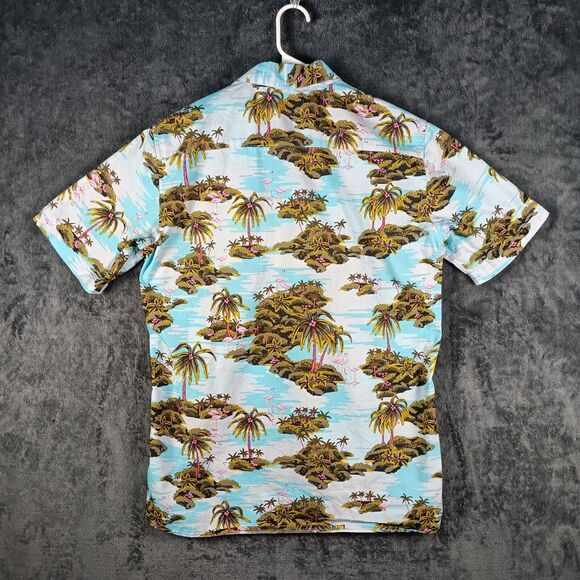 Hurley Hawaiian Shirt Men Medium Blue Scenic Palm Tree Flamingo Tailored Fit - Picture 3 of 9